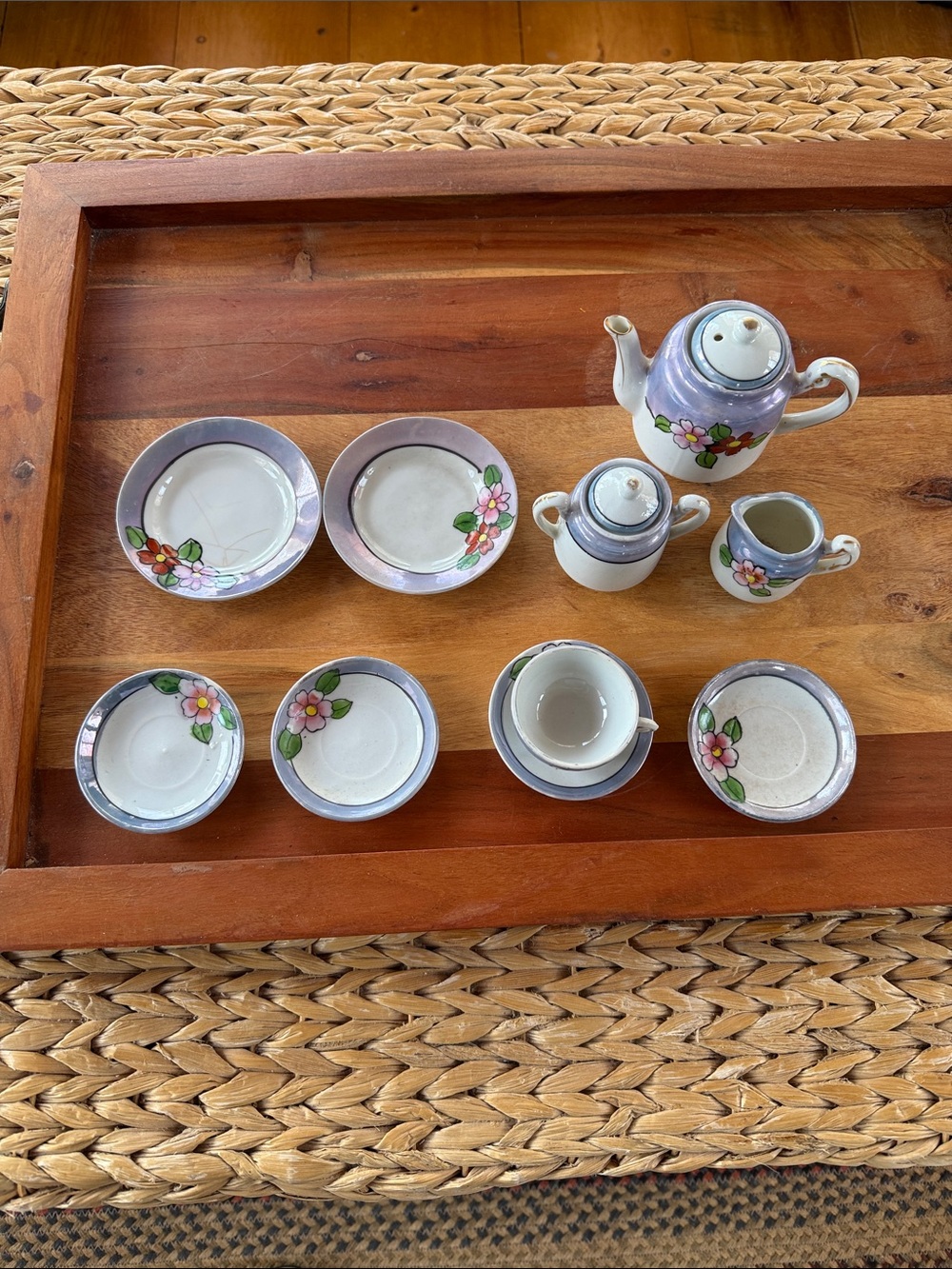 Japan Vintage Miniature Tea Set with Hand-Painted Pink Floral Motif